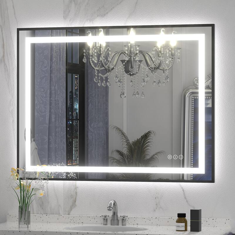 Black Metal Framed LED Front Light and Backlit Anti-Fog Wall Bathroom/ Vanity Mirror - 40" x 30"-Square Corner - Black