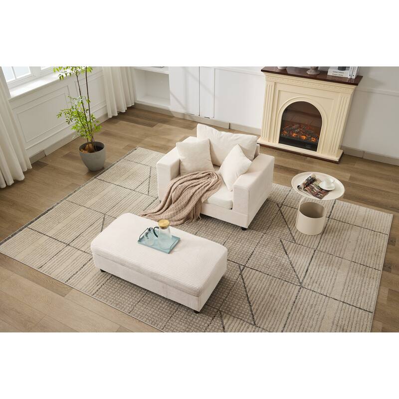 Chaise Lounge Chair with Removable Ottoman, Modern Accent Armchair Corduroy Sleeper Sofa Chair with Pillows for Living Room