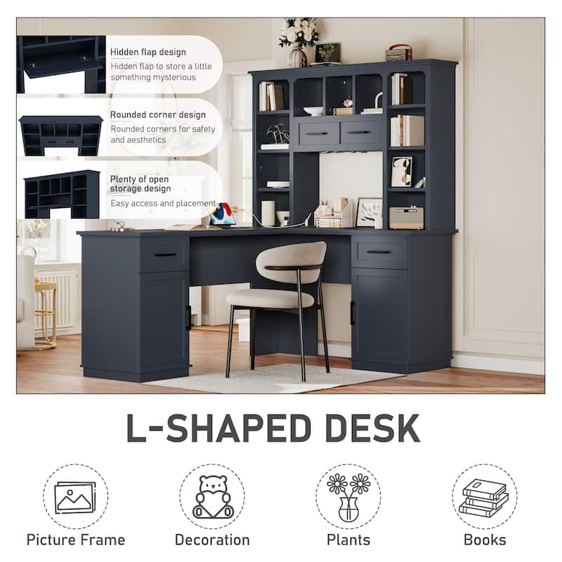 Large Bookcase Desk 2-in-1 Computer Desk L-shape Computer Armoire