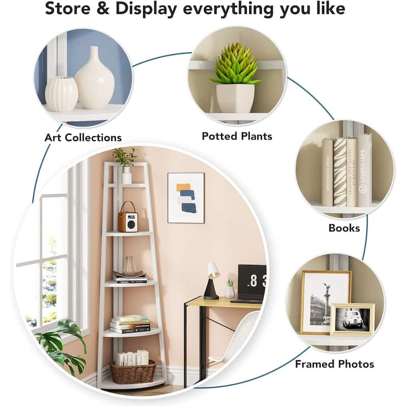 70 inch Tall Corner Shelf, 5 Tier Bookshelf Bookcase, Modern Corner Ladder Shelf Plant Stand for Living Room