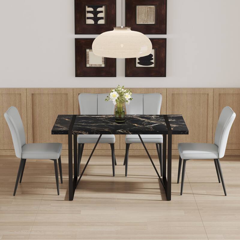 Table and chair set,Modern Marble Pattern MDF Dining Set - with 4 PU chairs with a vertical stripe design on the backrest - Black,Light Gray