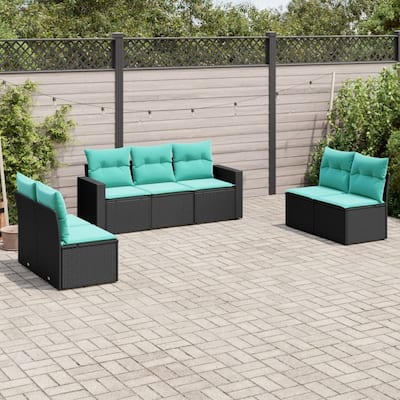 vidaXL 7/8 Piece Patio Sofa Set with Cushions Black Poly Rattan - 21.7" x 24.4" x 27.2"