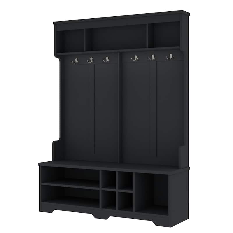 Hall Tree with Metal Hooks & Shoe Storage, Modern Entryway Bench with Cubbies