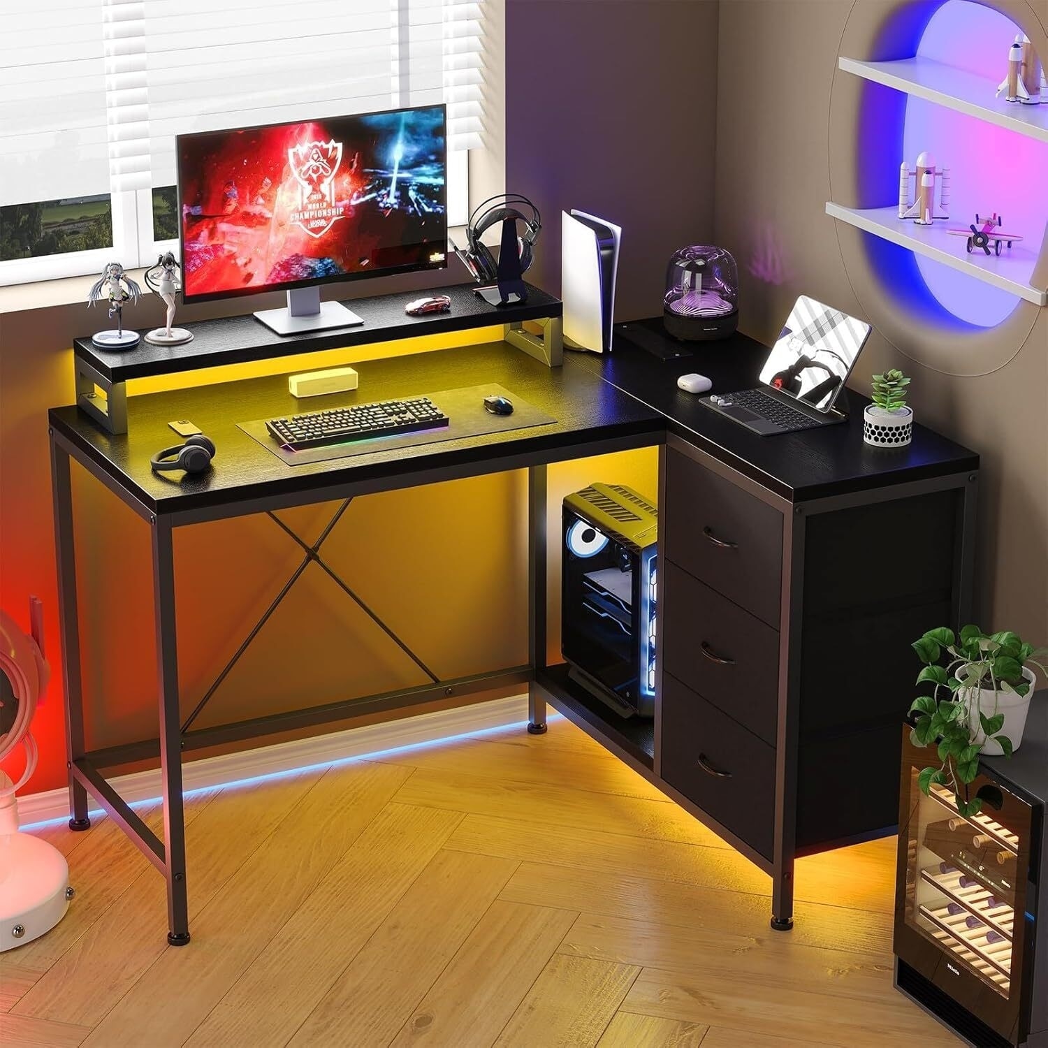 L-Shaped Computer Desk with 4 Power Outlets, 2 USB Ports, 7-Color LED Lights