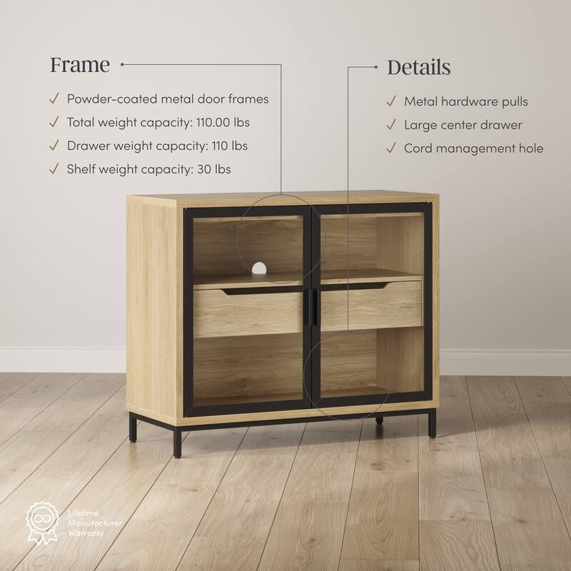 Mackenna Metal and Glass Sideboard Accent Cabinet with Two Doors, Oak Credenza for Kitchen or Living Room