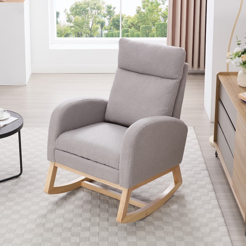 Rocking Chair Nursery, Modern Upholstered Glider Rocker with Side Pocket, High Backrest Accent Armchair for Living Room - Light Grey