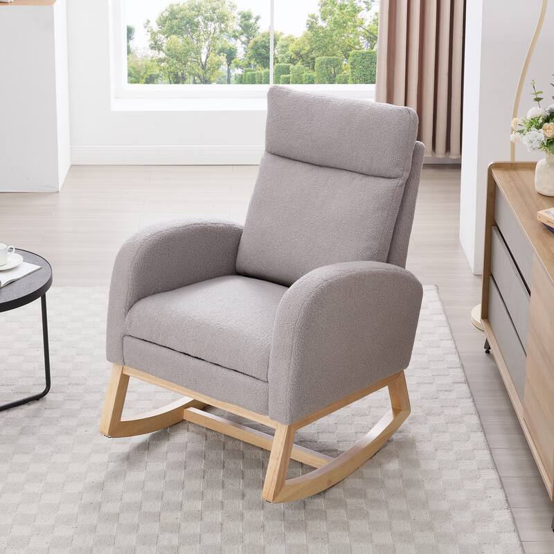Teddy Fabric Leisure Rocking Chair,Nursery Rocking Chair With Adjustable Footstool,Thickened Headrest And High Backrest - Light Gray