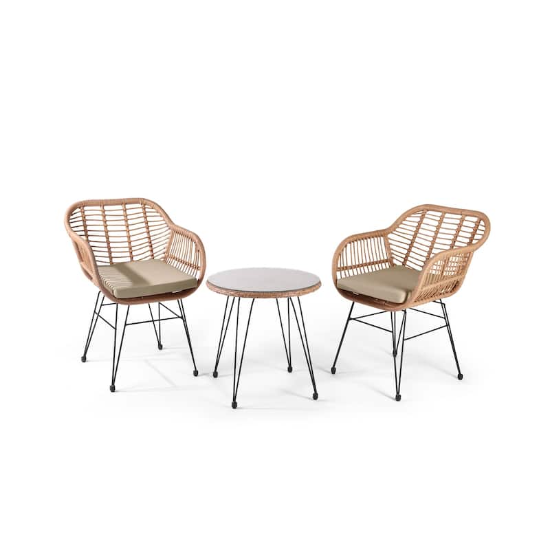 Crescent 3-Piece Outdoor Wicker Patio Bistro Set with Cushions - Beige