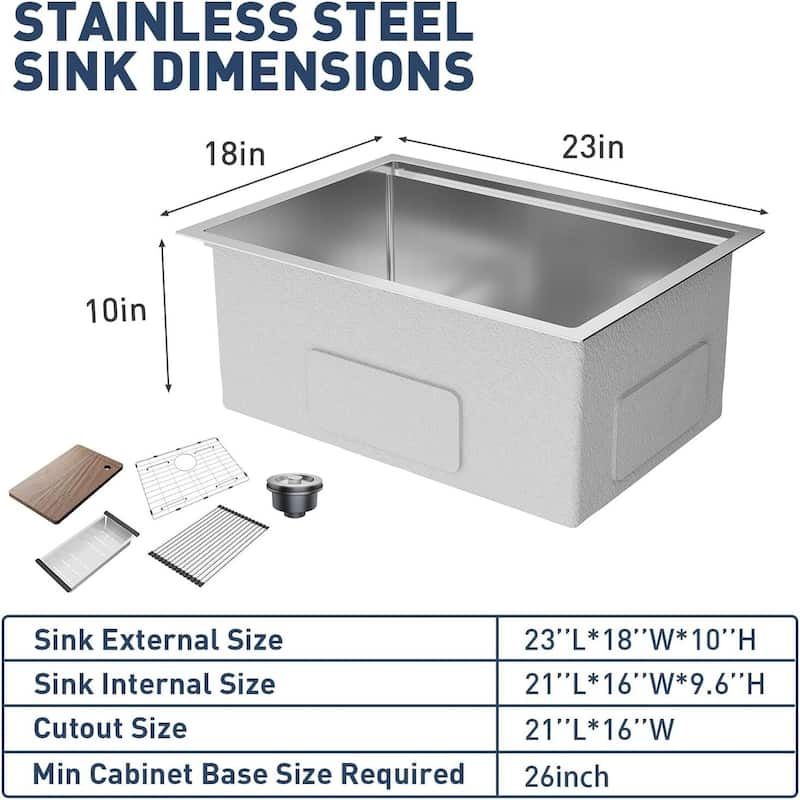 23"X18"X10" Undermount Kitchen Sink with Built-in Accessories for Kitchen Countertop Installation