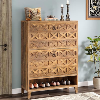 Shoe Cabinet with 2 Flip Drawers for Entryway with Wooden Legs Adjustable Shelves