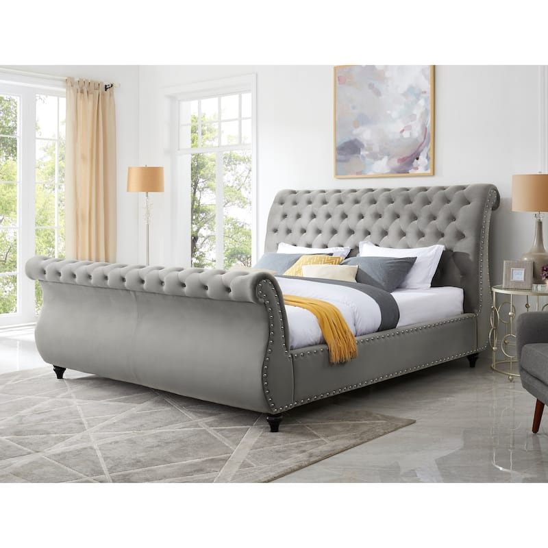 Roundhill Furniture Evora Grey Velvet Button-tufted Sleigh Bed - Queen