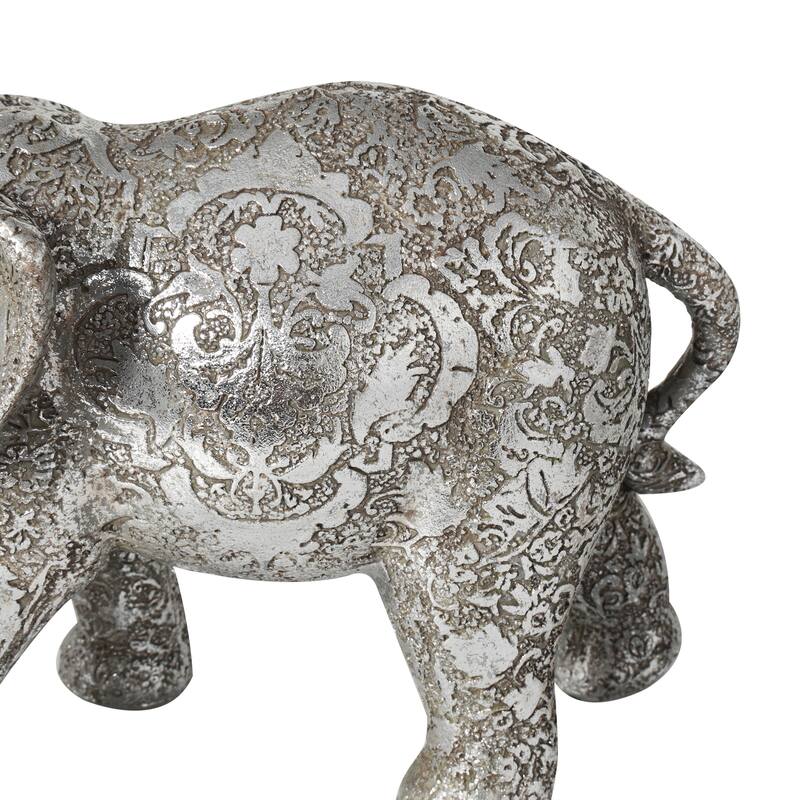 Silver Polystone Engraved Floral Elephant Decorative Sculpture