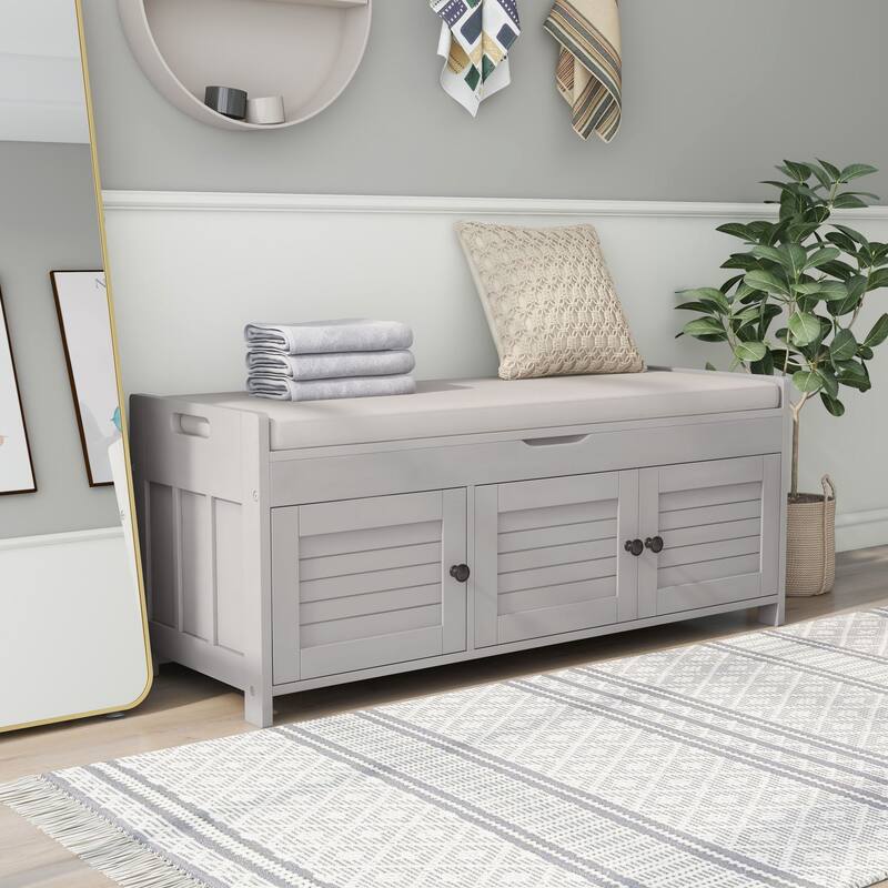 Storage Shoes Bench with 3 Shutter-shaped Doors and Removable Cushion - Grey Wash