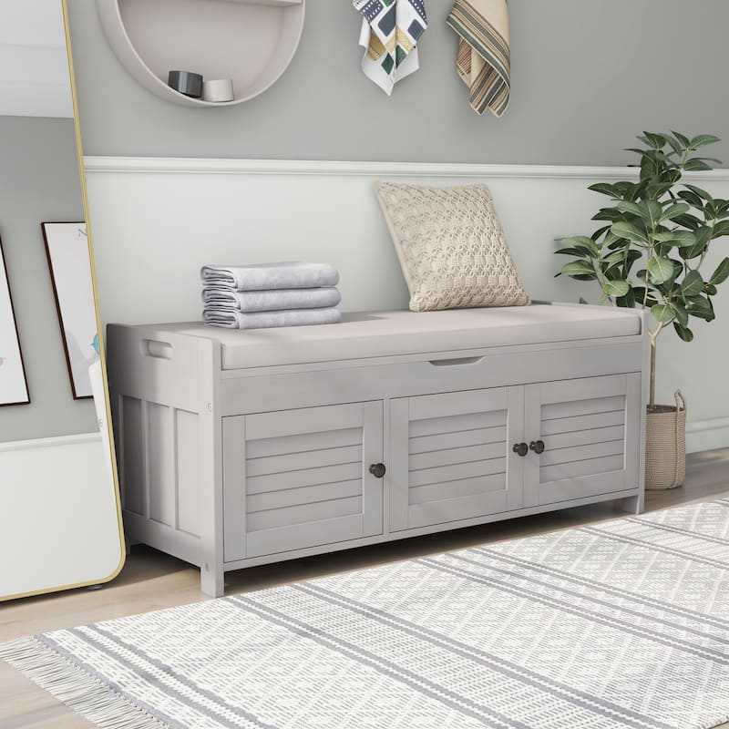 Storage Shoes Bench with 3 Shutter-shaped Doors and Removable Cushion