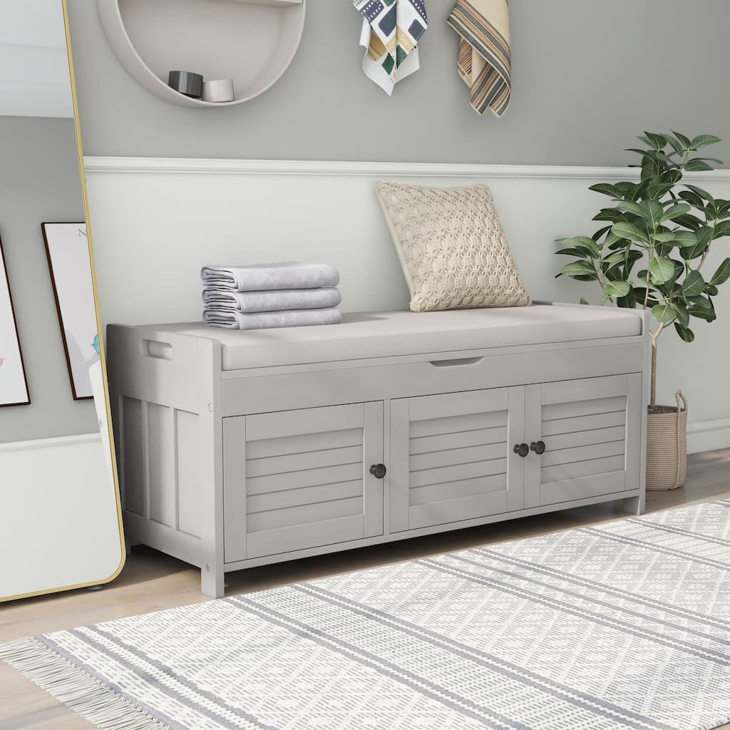Wood Storage Ottoman Bench 43.50 Inch Entryway Shoe Bench with Adjustable Shelves, Retro Upholstered Bench for Bedroom