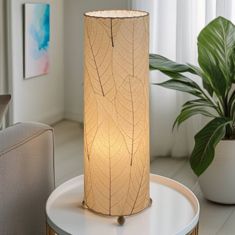 Handmade 24 Inch Cocoa Leaf Cylinder Table Lamp, Cocoa Leaves Shade, 8 x 8 x 24 in. - 8 x 8 x 24 - Tan