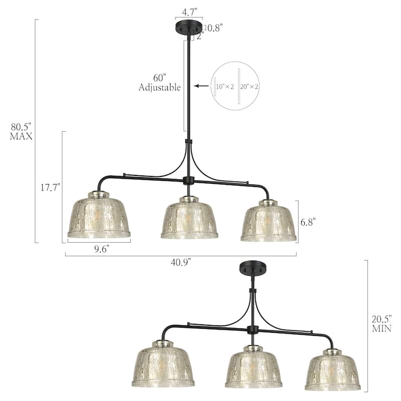 Modern Glam 3-Light Black Linear Dome Island Chandelier with Mercury Glass - 40.9"W x 9.6"D x 20.5" - 80.5"H