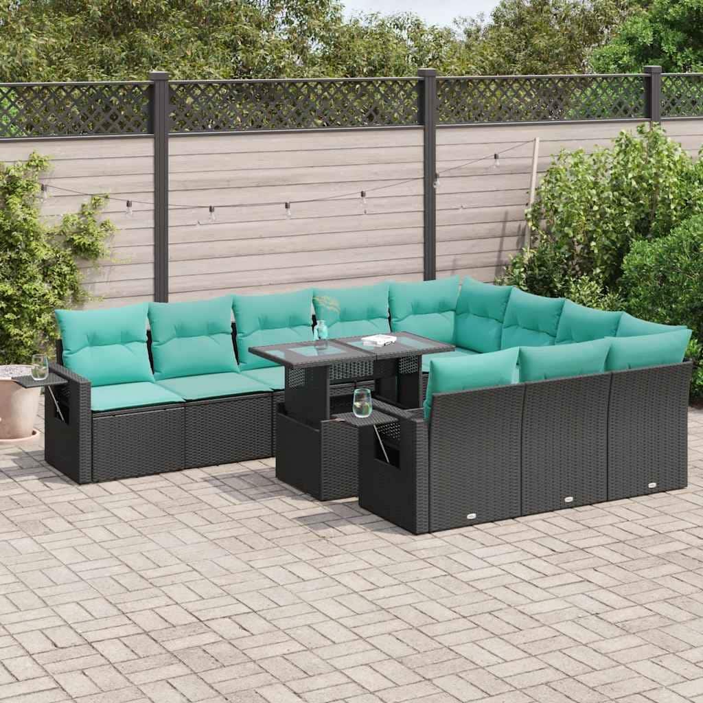 vidaXL 11 Piece Patio Sofa Set with Cushions Black Poly Rattan Acacia - 21.7 x 24.4 x 27.2