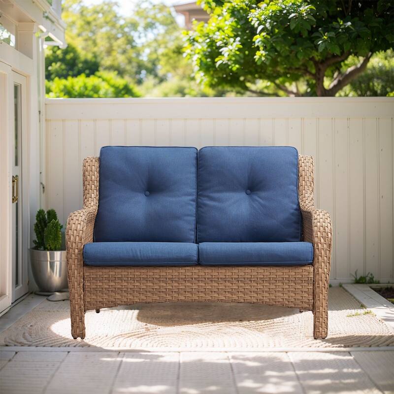 Outdoor Loveseat Sofa 2-Seat PE Rattan Patio Love Seat