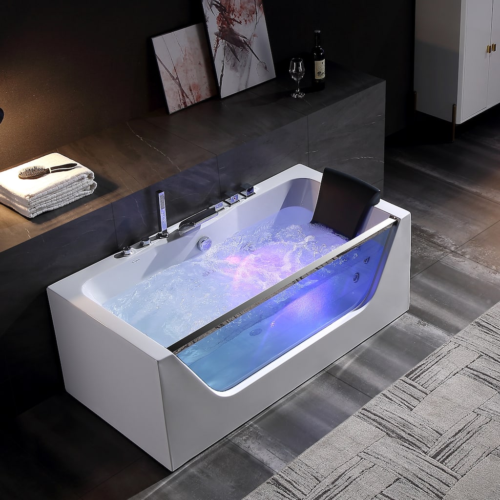 59" X 30" Acrylic Rectangle Whirlpool Bathtub - 11 Water Jets - Led Lights - Center Drain - 3-Side Alcove Install