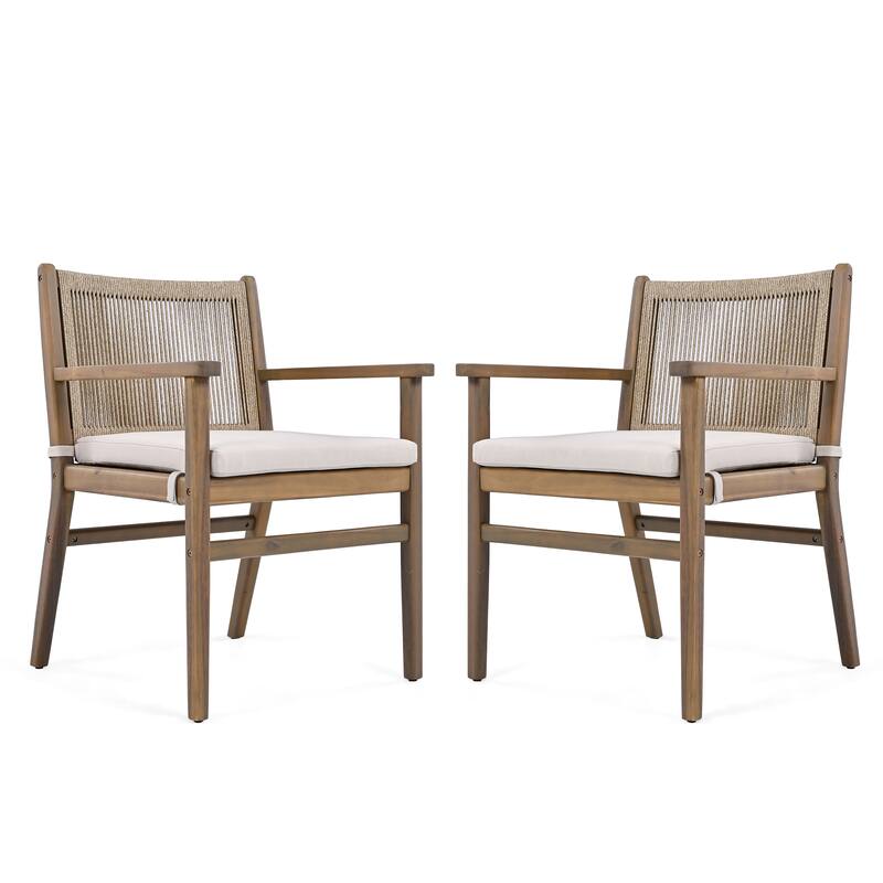 Roomfitters Outdoor Dining Chairs Set of 2, Acacia Wood Armchairs with Rope Back and Cushions, Patio Seating