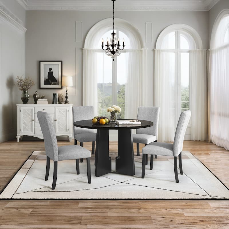 5-Piece Round Dining Table Set for 4, 43.3" Kitchen Wood Table with 4 Upholstered Dining Chairs for Dining Room