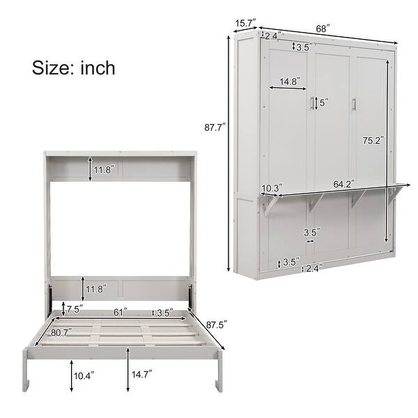 Queen Murphy Bed,68inch Bed Folding Wall Bed With Desk Combo