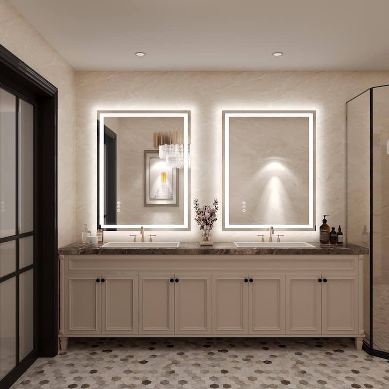 Frameless LED Front Light and Backlit 3 Colors Dimmable Anti-Fog Wall Bathroom Vanity Mirror