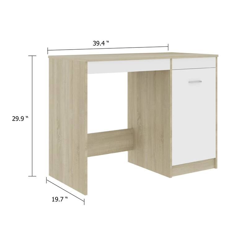 Ami Office Desk with Cabinet, White and Oak Beige Wood, Chrome Handle
