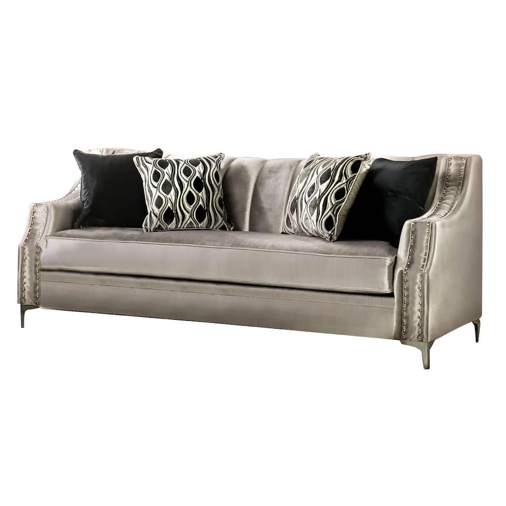 Chenille And Wooden Sofa with Bench Style Cushion Design in Silver