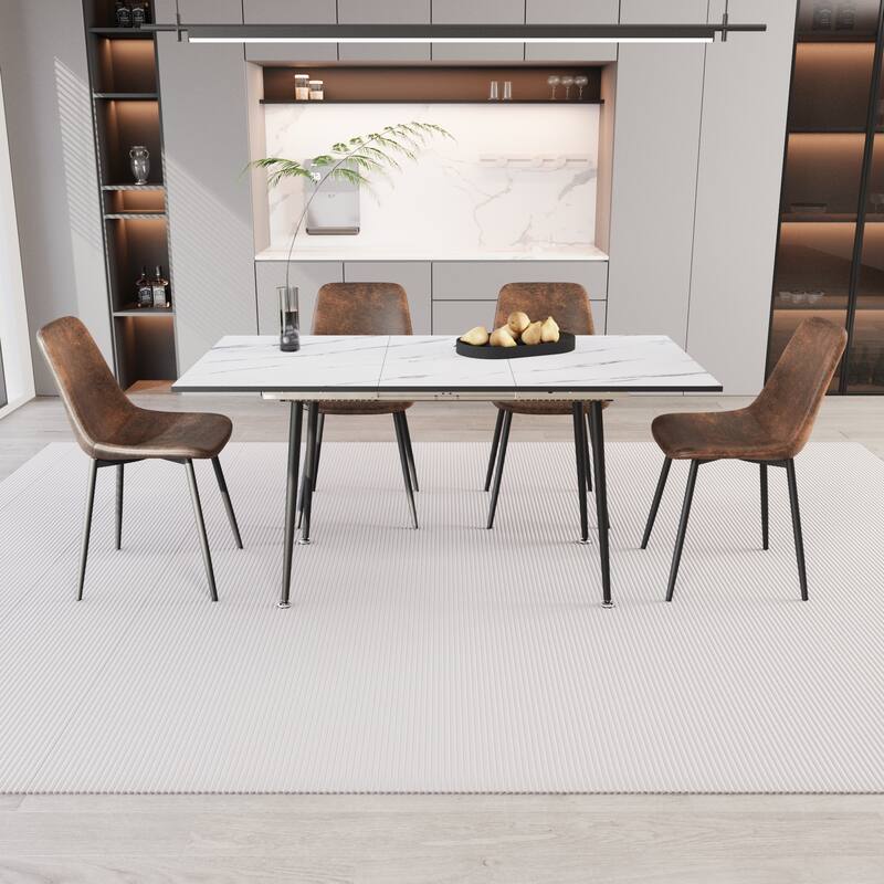 Scalable modern dining table and chair set, for 2-6 people, 4-piece set, medieval dining table set, metal base and linen chair