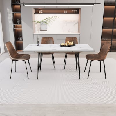 Scalable modern dining table and chair set, for 2-6 people, 4-piece set, medieval dining table set, metal base and linen chair