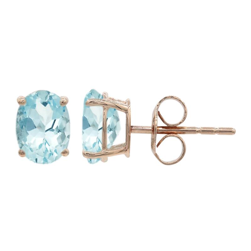 10K Rose Gold 7x5mm Oval in Genuine Gemstone stud Earrings, Friction Back - Aquamarine