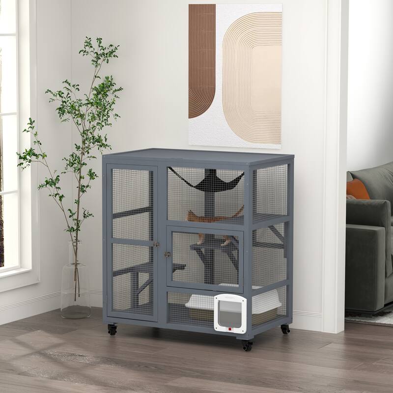 PawHut Cat House, Indoor Cat Enclosure on Wheels, Wooden Kitty Cage with Cat Flap Door - Gray