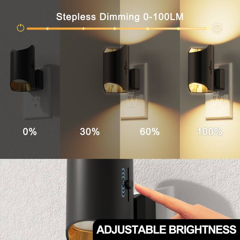 YANSUN Set of 2 Plug-in Dusk-to-Dawn Night Lights, Black Cylinder Wall Lamp, 3000K Warm Light, Sliding Dimmer, US Plug