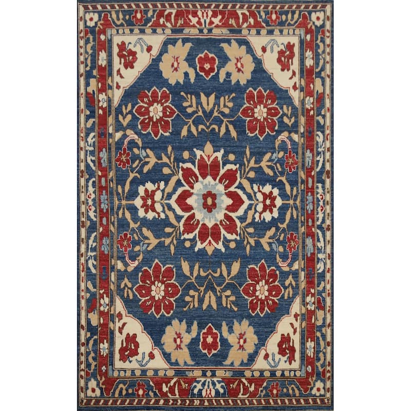 Hand Knotted Oriental 100% Wool Carpet Transitional Floral Navy Blue & Blues Oushak Area Rug - 9' 1'' X 6' 0''