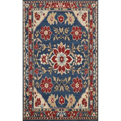 Hand Knotted Oriental 100% Wool Carpet Transitional Floral Navy Blue & Blues Oushak Area Rug - 9' 1'' X 6' 0''
