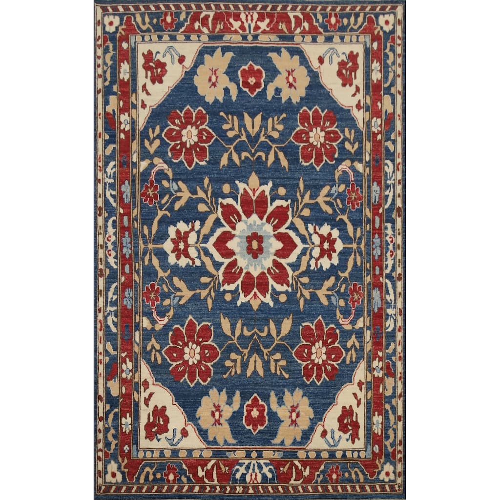 Hand Knotted Oriental 100% Wool Carpet Transitional Floral Navy Blue & Blues Oushak Area Rug - 9' 1'' X 6' 0''