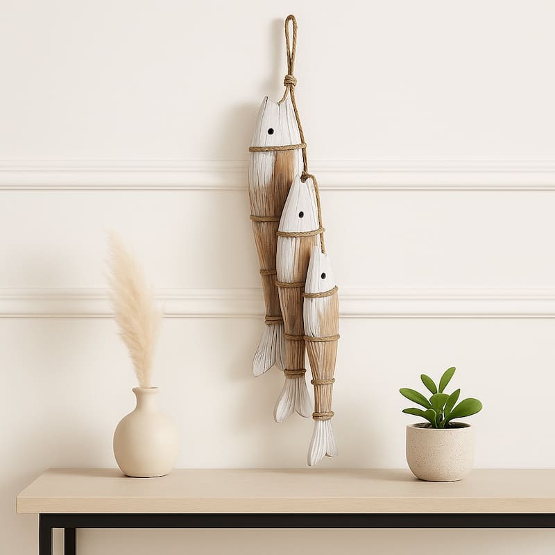 Decorative Wooden 3 Fish on Rope Figurine for Home Decor - 35", White - 35.0"