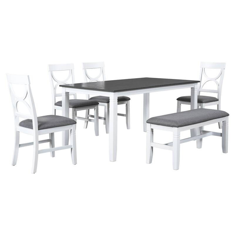 6 Piece Dining Table Set, Wood Rectangular Dining Table with Upholstered Bench and 4 Dining Chairs, Kitchen Table Set