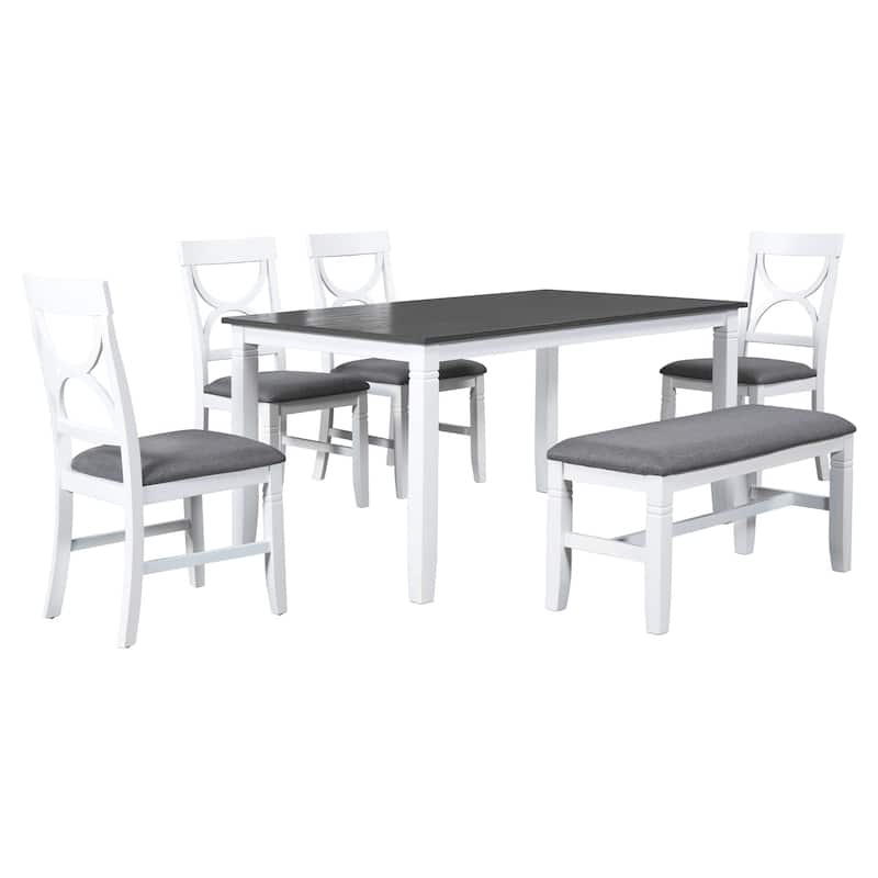 6-Piece Farmhouse Dining Set in Gray & White‌ – Solid Wood Table with Upholstered Bench & 4 Matching Chairs, Perfect. - Natural/White