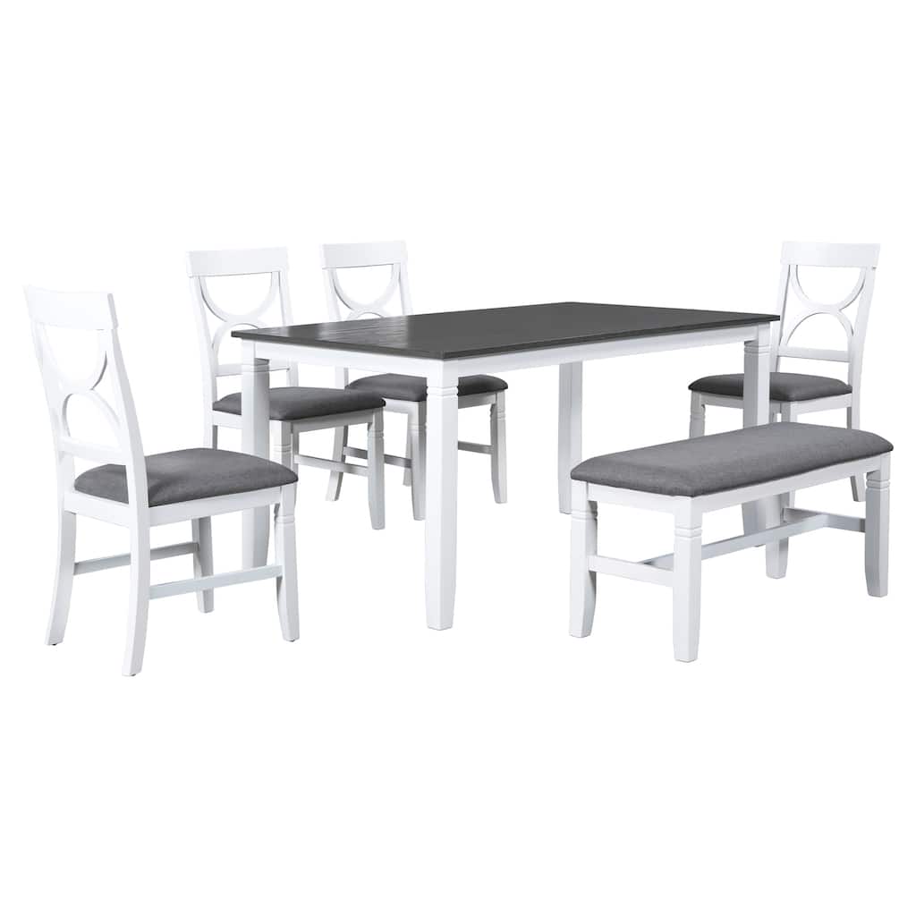 6-Piece Wood Dining Table Set with Upholstered Bench and 4 Dining Chairs, Two-Tone Kitchen Table Set with Engraved Legs