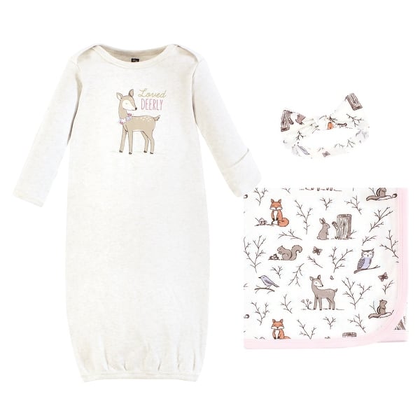 slide 1 of 1, Hudson Baby Infant Girl Gown, Swaddle Blanket and Cap or Headband, Enchanted Forest, 0-6 Months - Enchanted Forest 0-6 Months - Enchanted Forest