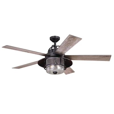 Charleston 56 In. Bronze Farmhouse Indoor-Outdoor Ceiling Fan with LED Light Kit and Remote - 56-in W x 19.5-in H x 56-in D