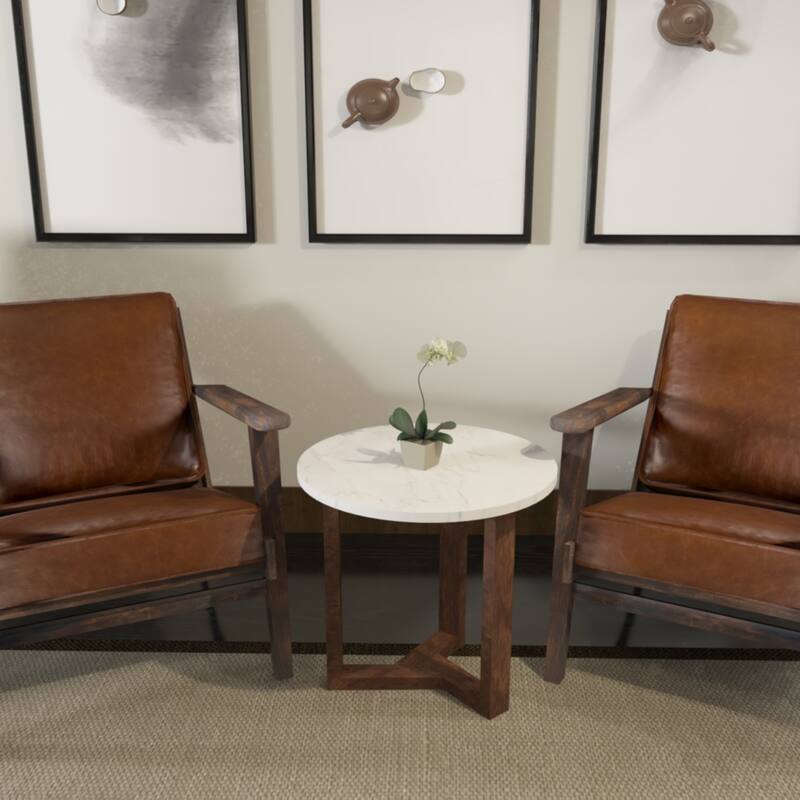 Fina Table, Round White Genuine Marble Top, Natural Brown Mango Wood 3 Leg Sled Base