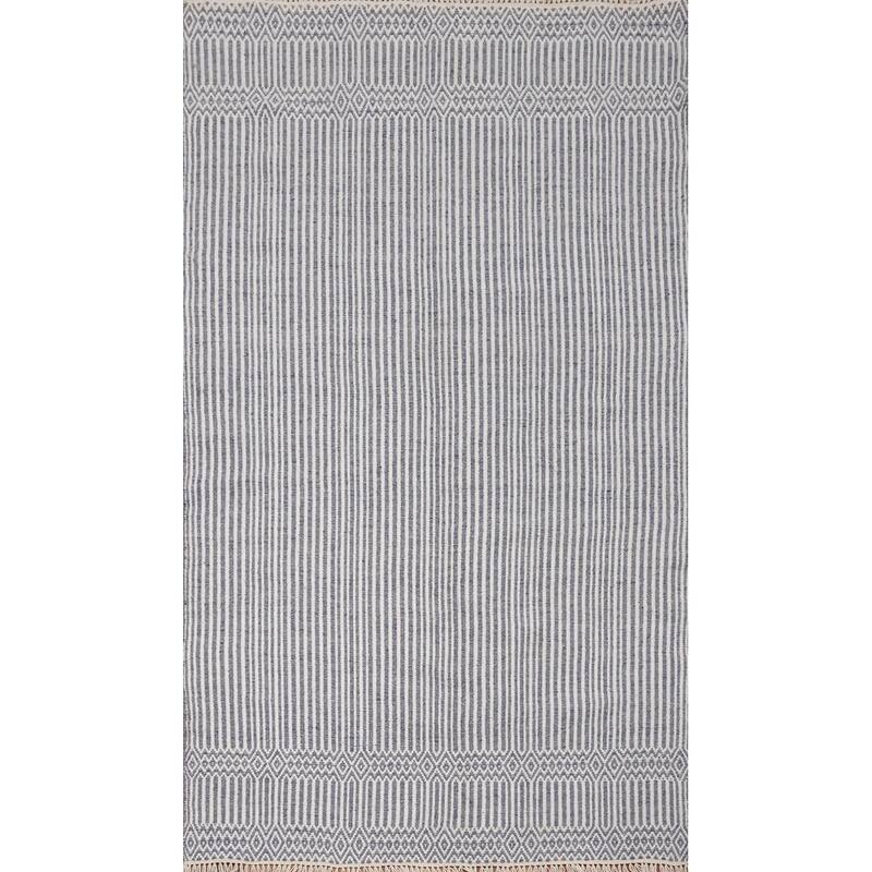 Hand Woven Oriental 100% Wool Carpet Traditional Geometric Navy Blue & Blues Durrie-Kilim Area Rug - 8' 0'' X 5' 0''