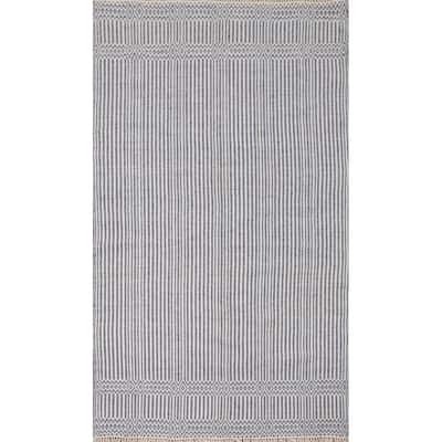 Hand Woven Oriental 100% Wool Carpet Traditional Geometric Navy Blue & Blues Durrie-Kilim Area Rug - 8' 0'' X 5' 0''