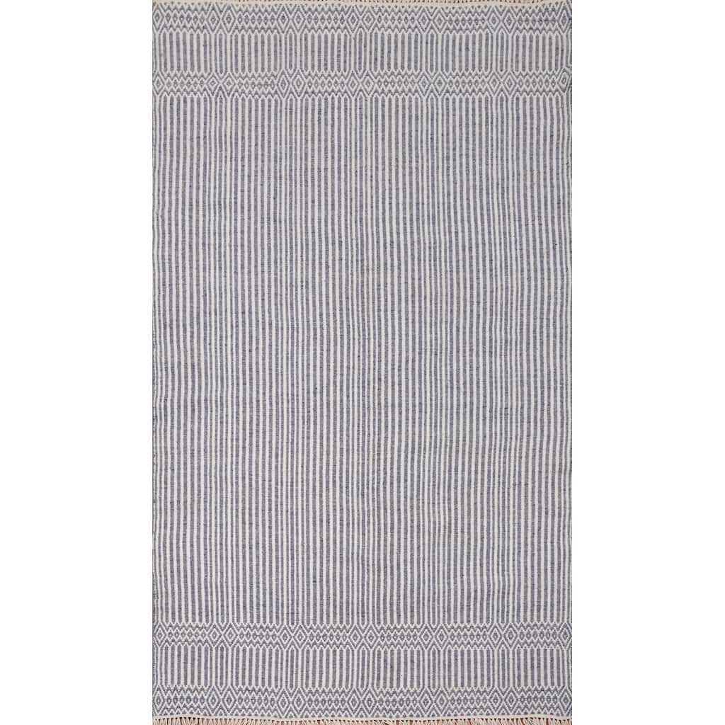 Hand Woven Oriental 100% Wool Carpet Traditional Geometric Navy Blue & Blues Durrie-Kilim Area Rug - 8' 0'' X 5' 0''