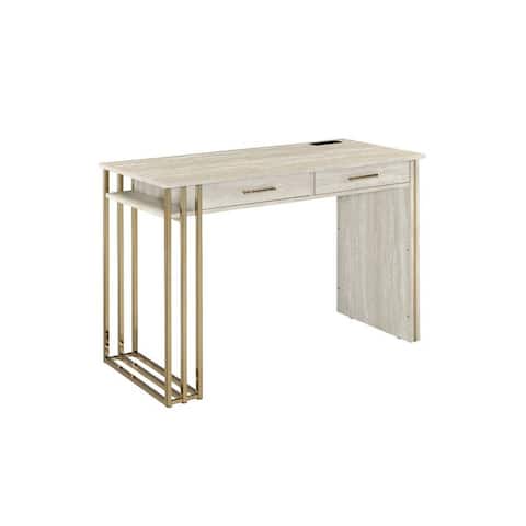 Contemporary Style Tyeid Built-in USB Port Writing Desk, Antique White & Gold Finish, with 2 Storage Drawers & Metal Foot