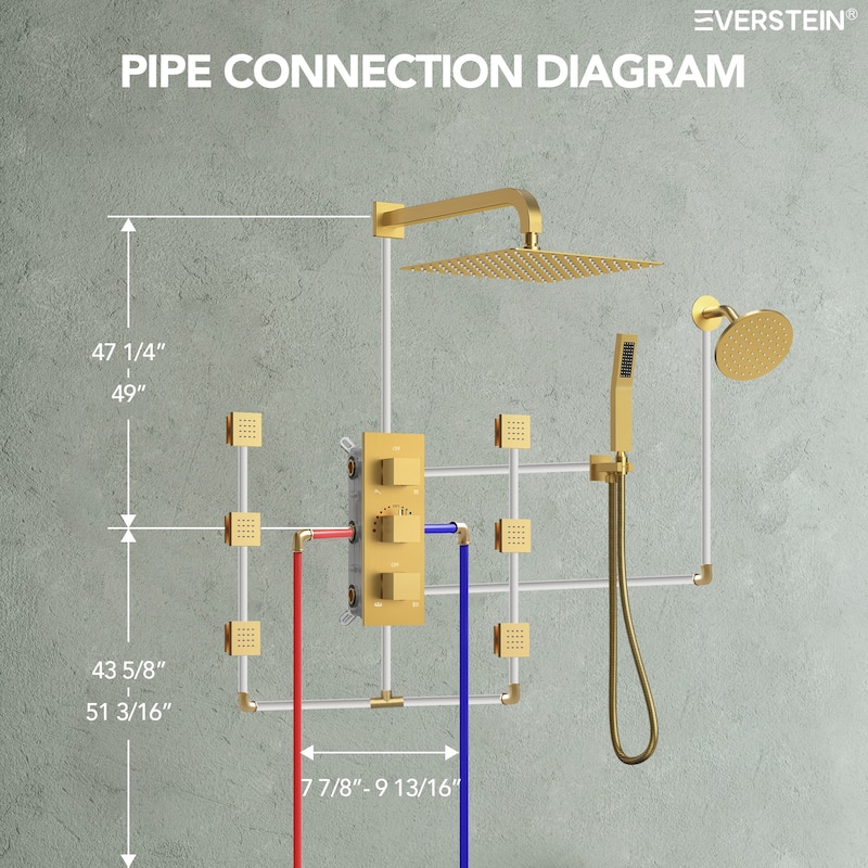 Thermostatic Dual Shower System 12" and 6" Rainfall Shower Head with 6 Body Jets & Handheld Shower